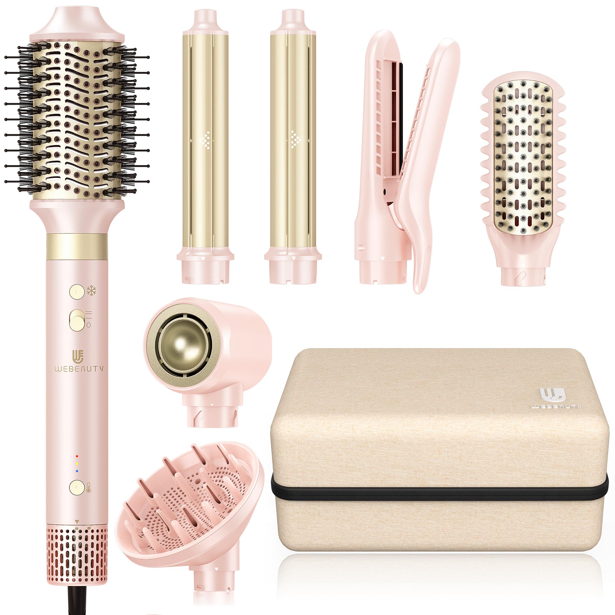 webeauty front view of pink 8-in-1 dryer brush showing controls and handle, convenient storage