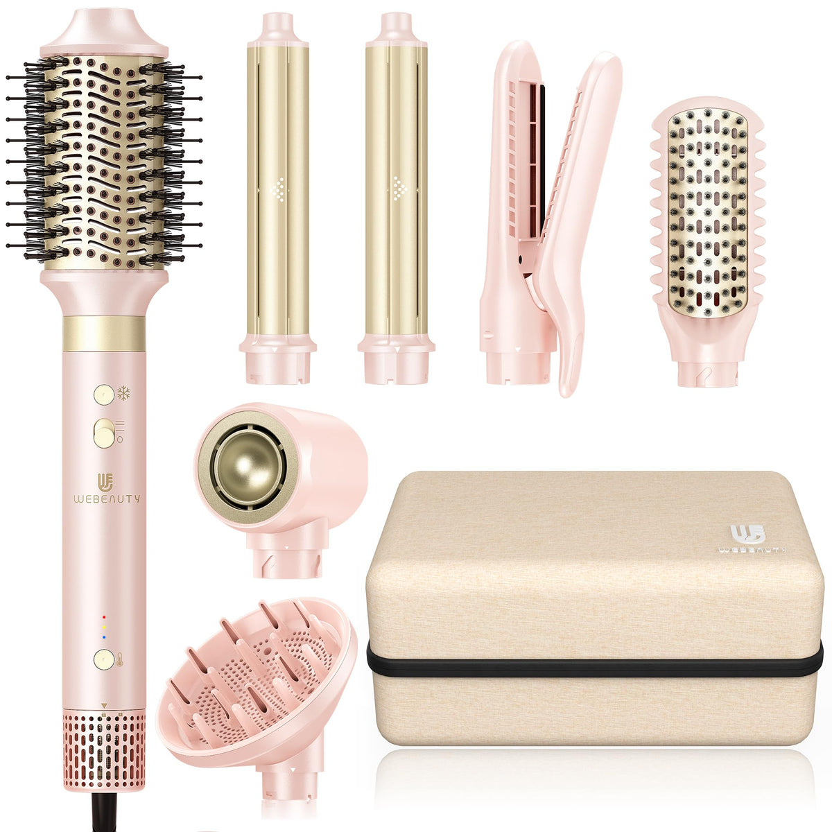 webeauty front view of pink 8-in-1 dryer brush showing controls and handle, convenient storage