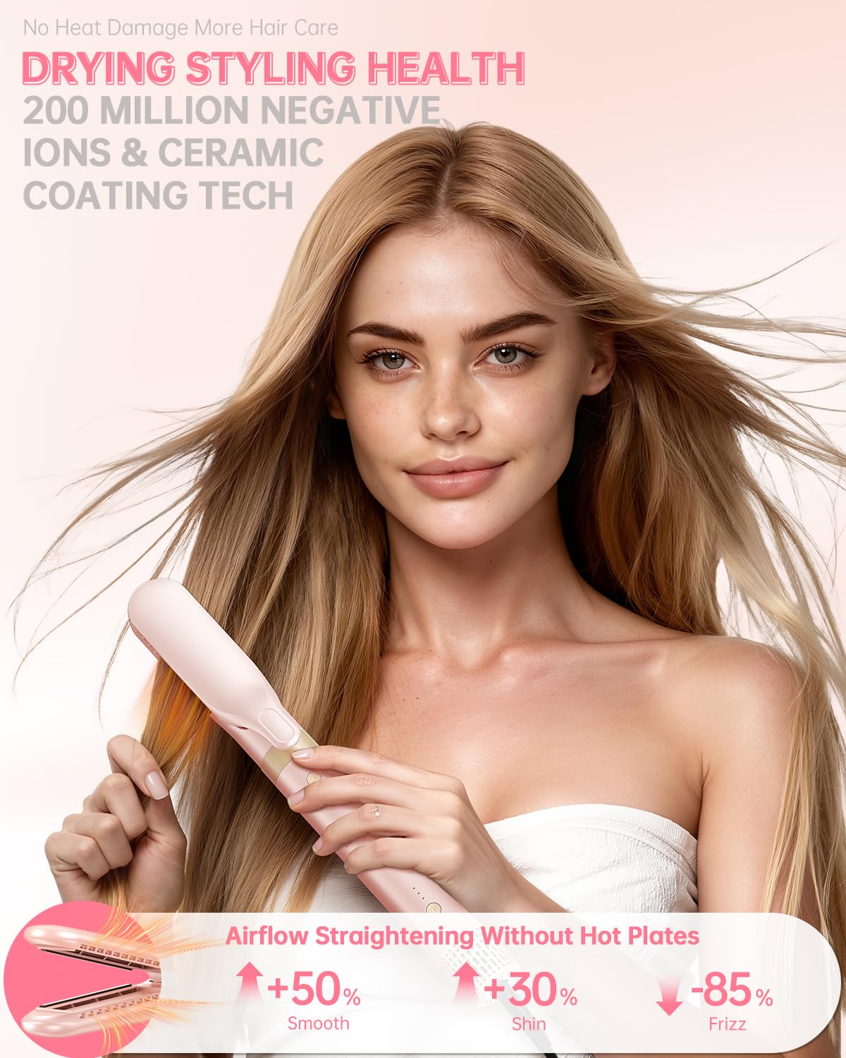 webeauty hot air brush drying long hair in a bright bathroom for quick styling