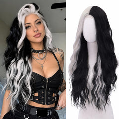 WECAN front view of black and white wig showing natural waves and realistic look