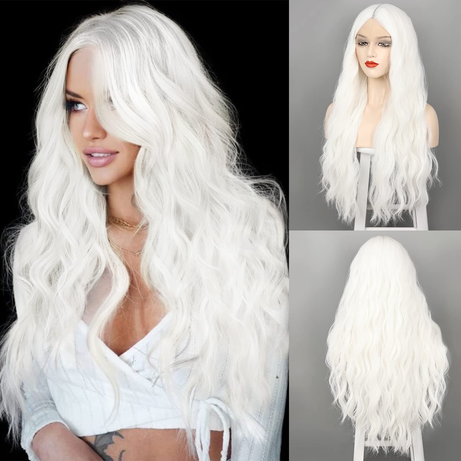 WECAN front view long white wig showing natural center part and shine