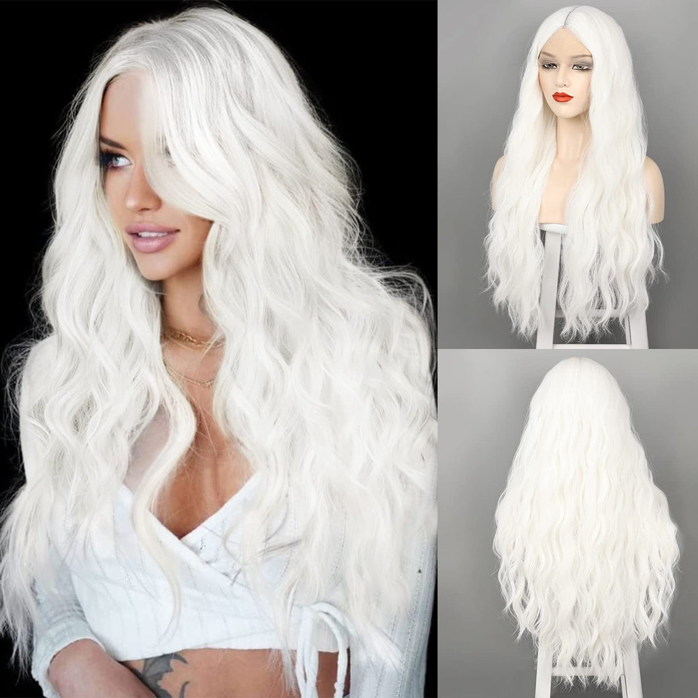 WECAN front view long white wig showing natural center part and shine
