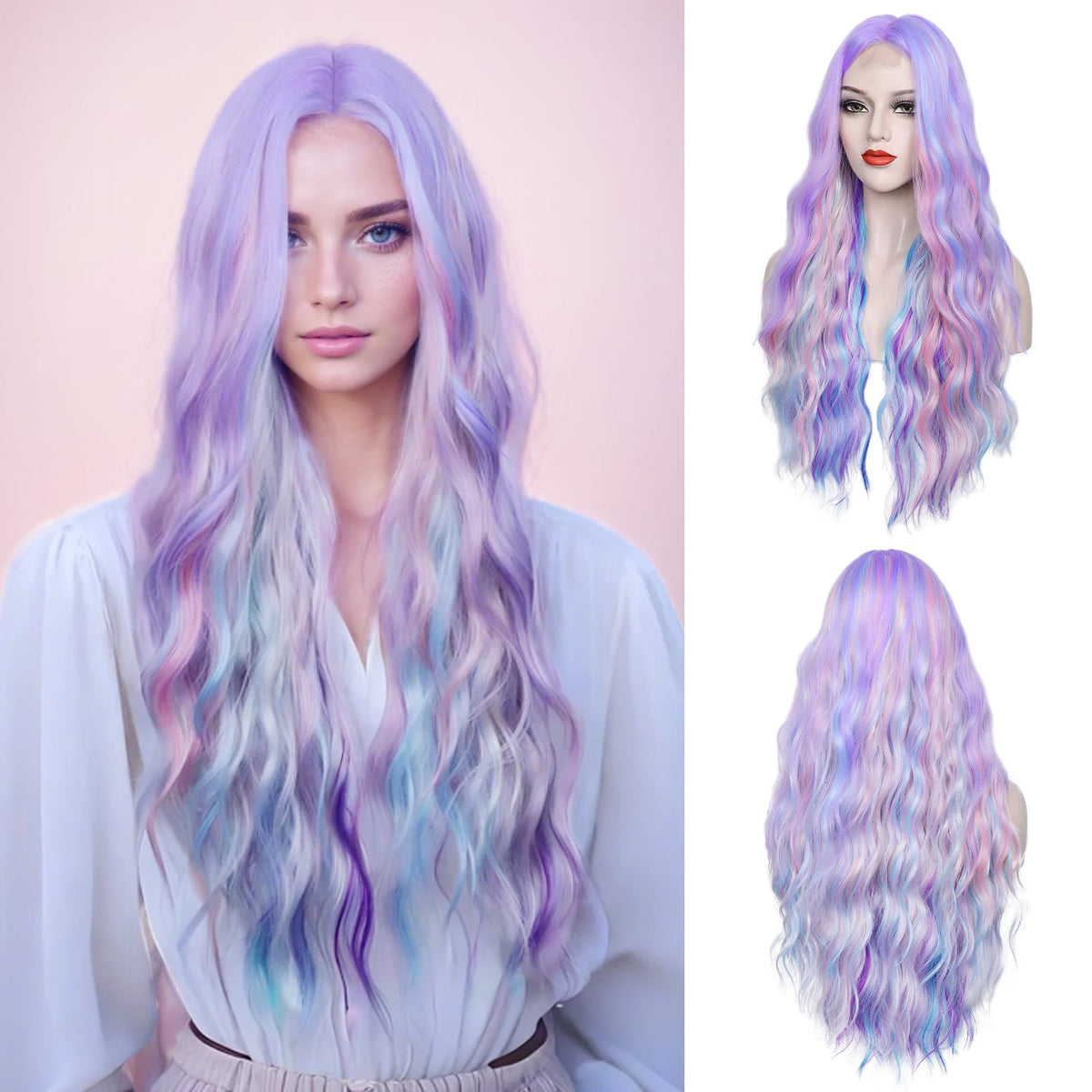 WECAN rainbow wig front view showing vibrant colors and natural shine benefit