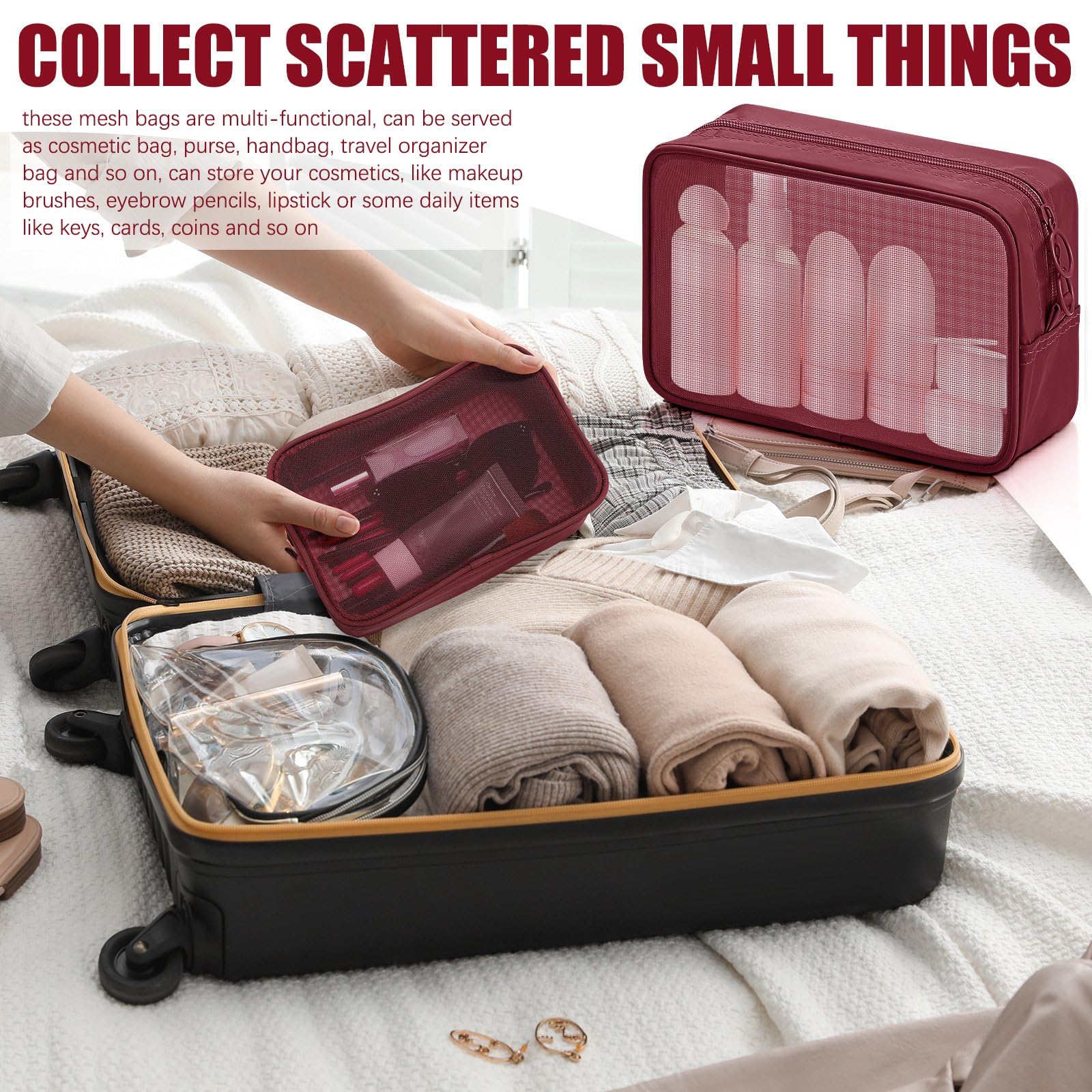 Weewooday pouch open with cosmetics inside showing easy visibility and separation