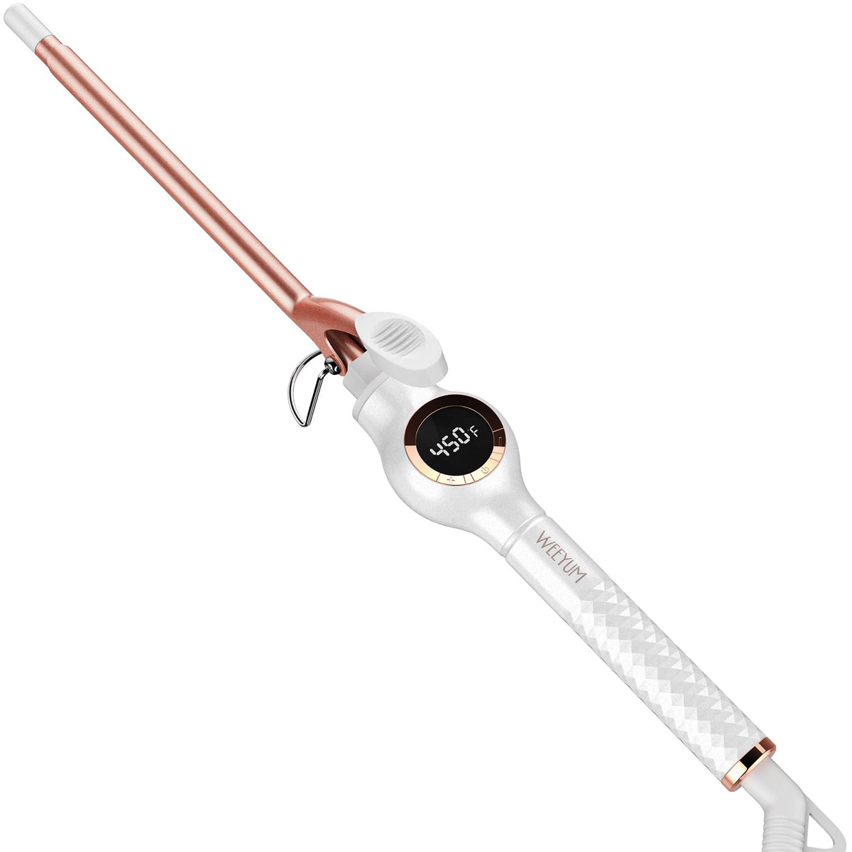 WEEYUM curling wand front view showing barrel and handle for precise styling