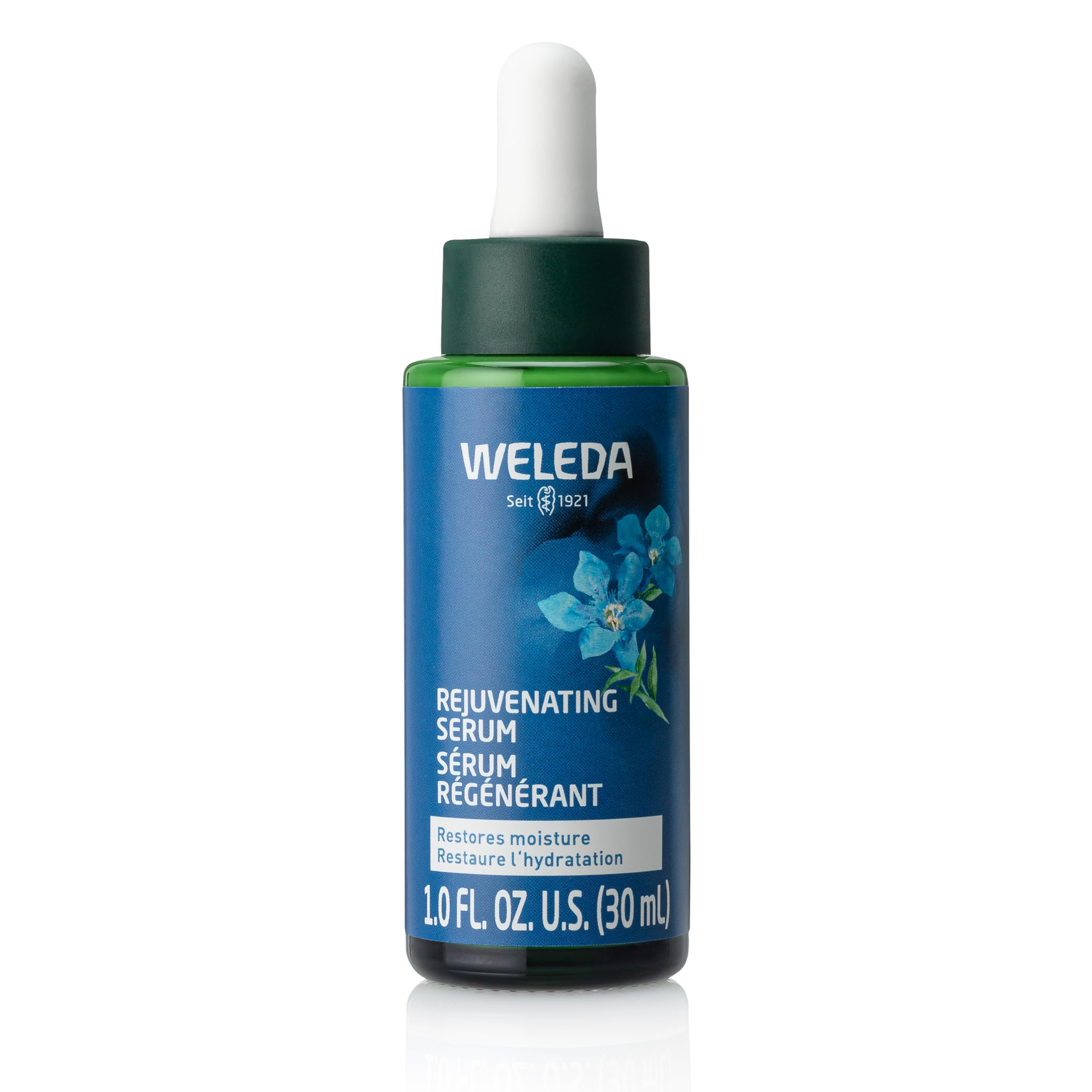 Weleda front bottle showing serum and clear branding, promotes natural firming