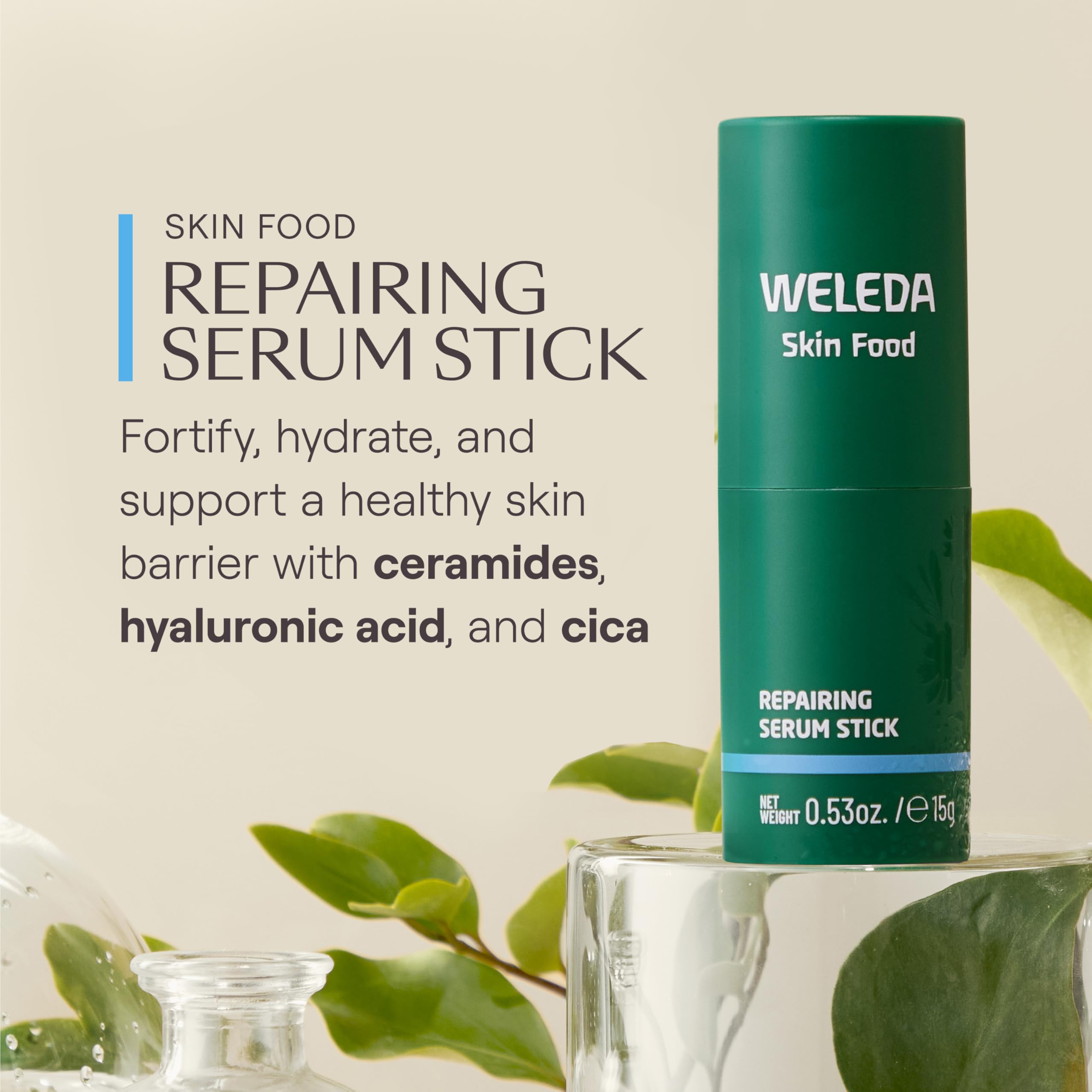 Weleda serum stick texture close-up showing smooth balm and hydrating finish