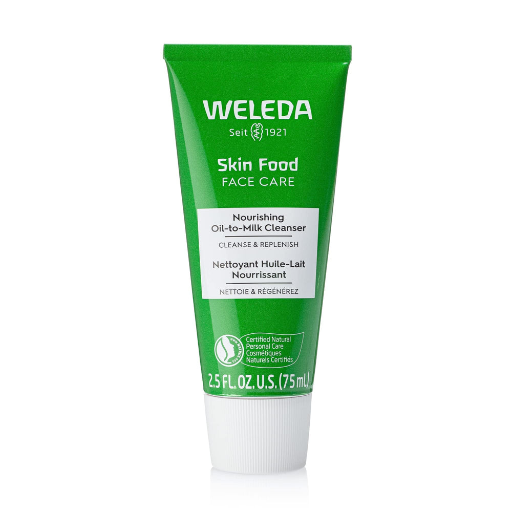 Weleda Skin Food front packaging showing compact travel bottle and label benefits