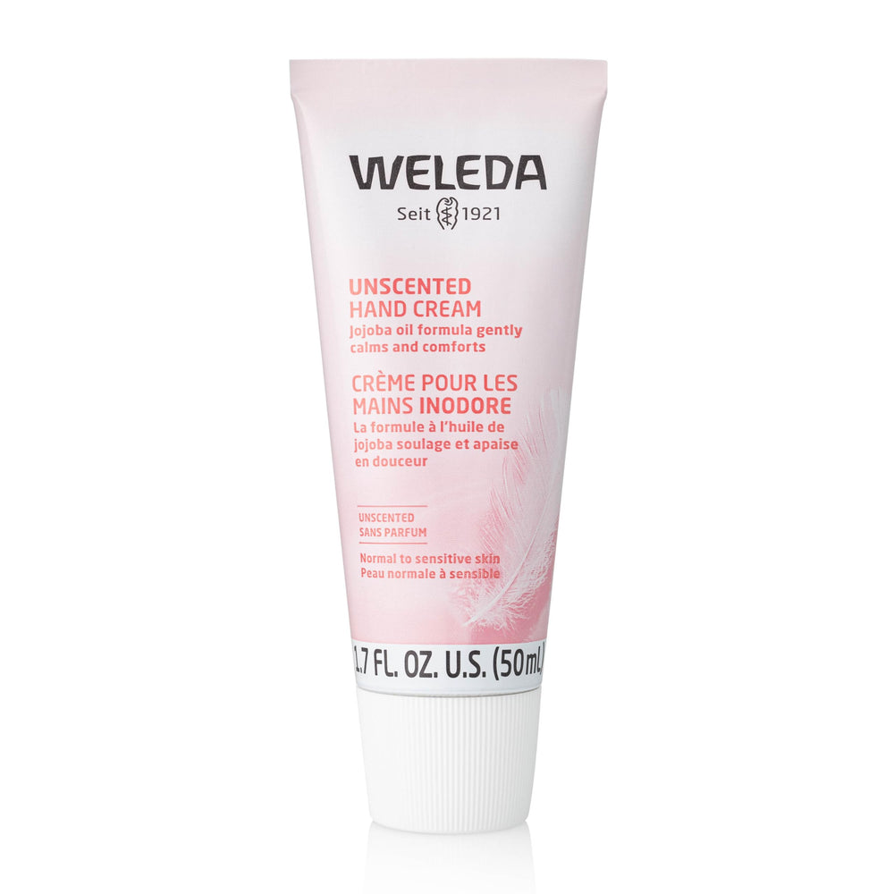 Weleda unscented hand cream front tube showing clean plant-based packaging and quick hydration benefits