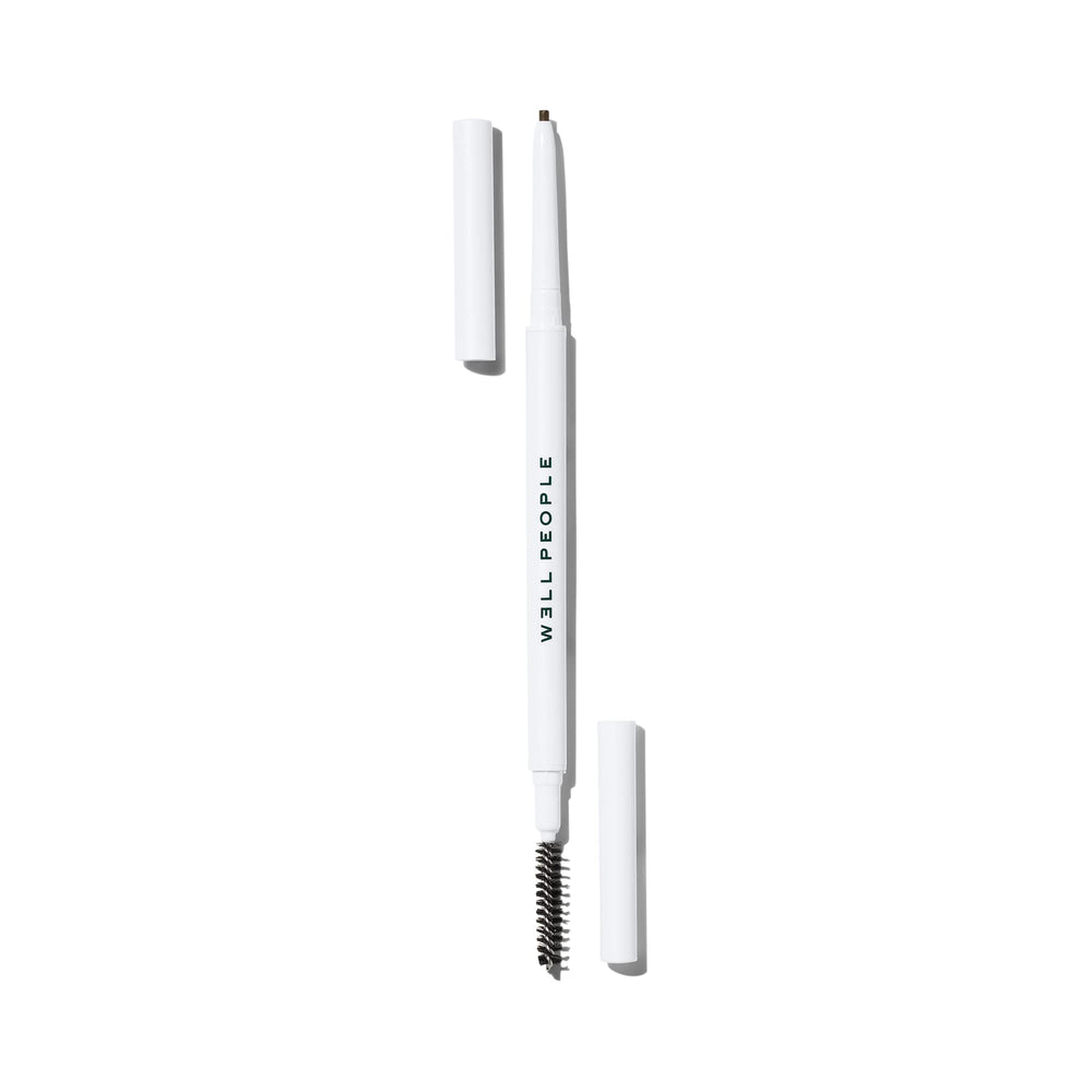 Well People brow pencil front view showing Deep Brown shade and portable design benefit