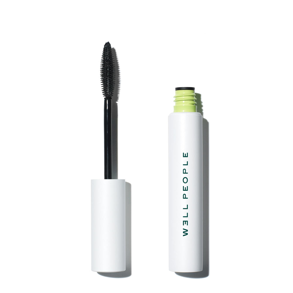 Well People mascara front packaging shows sleek tube and black shade for bold lashes