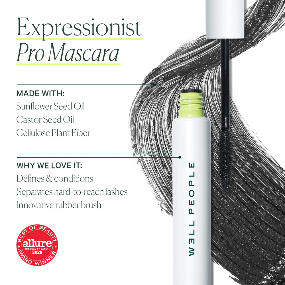Well People mascara texture swiped on white surface showing rich black pigment and smooth finish