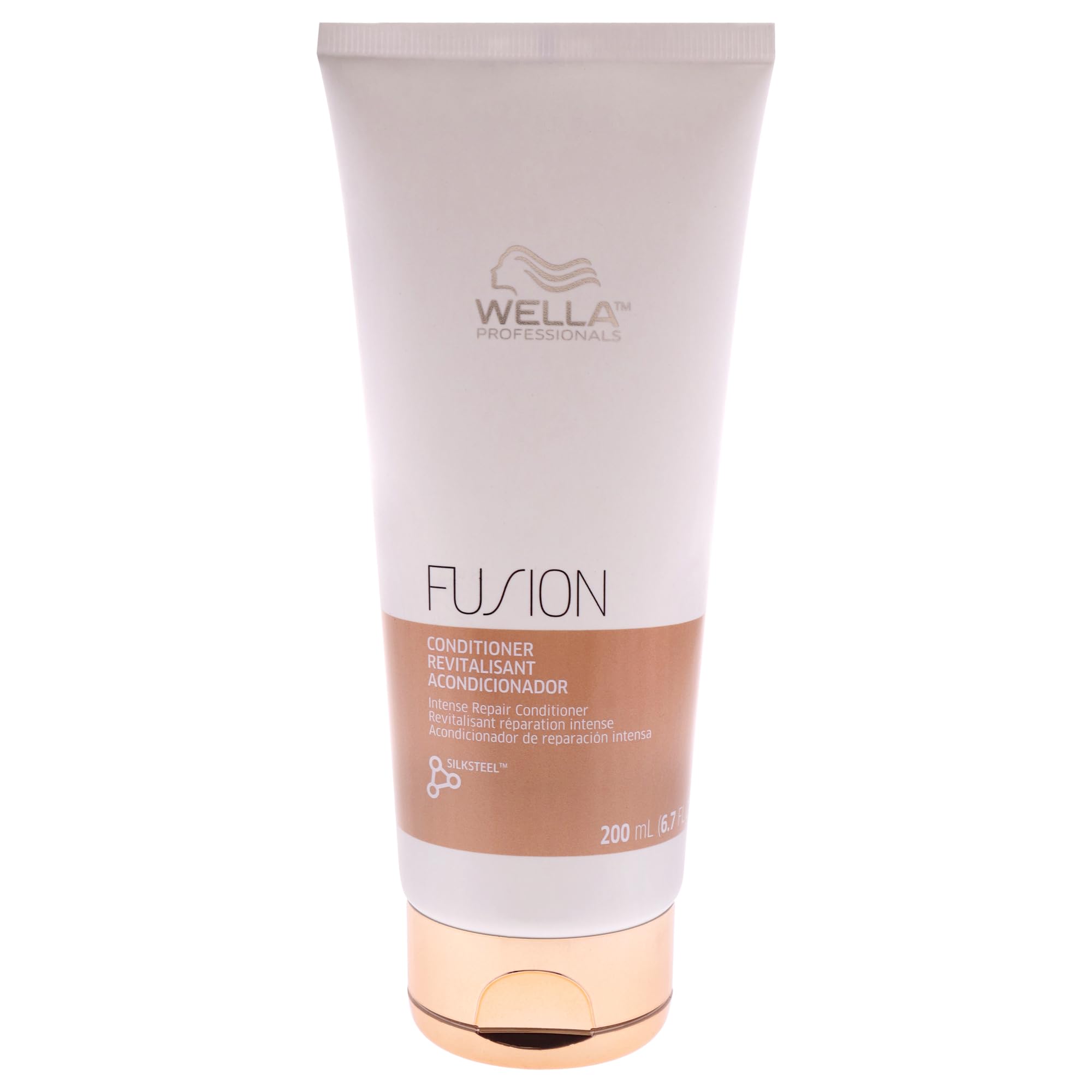 Wella Professionals Fusion front packaging showing bottle and product name, highlights repair benefit