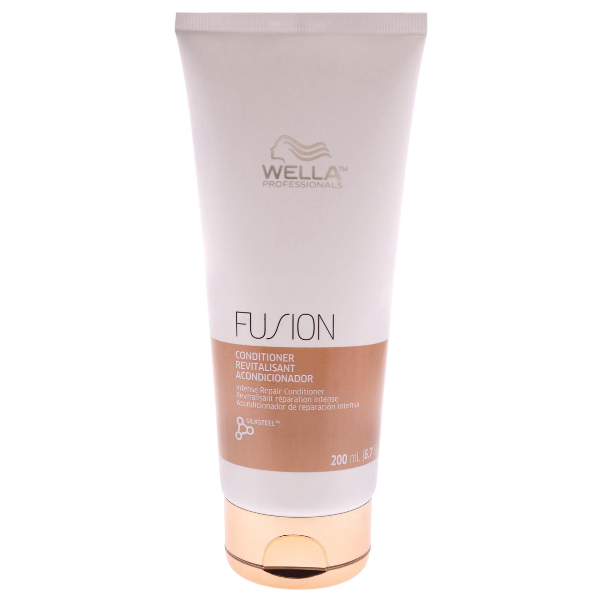 Wella Professionals Fusion front packaging showing bottle and product name, highlights repair benefit