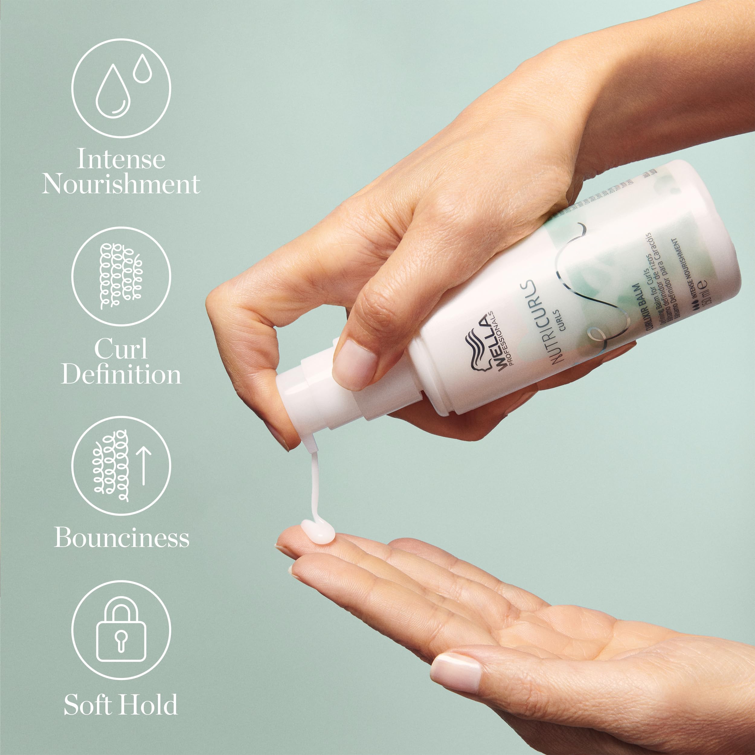 Wella Professionals Nutricurls bottle beside hand showing product scale