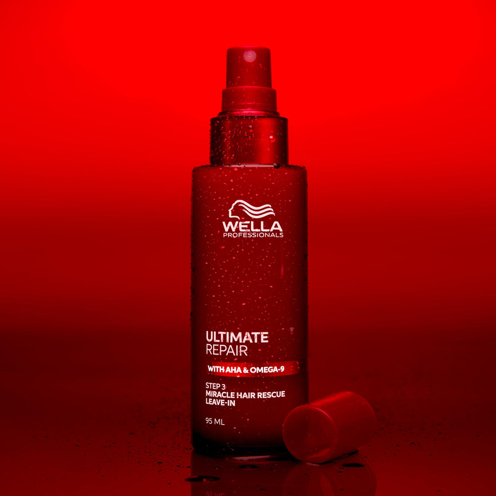 Wella Professionals bottle staged in bathroom setting projecting luxury routine benefit