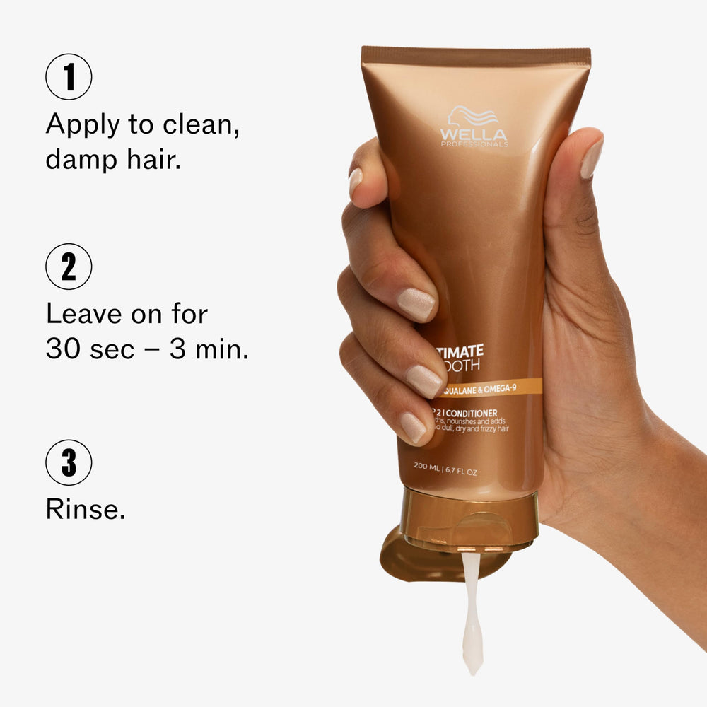 Wella Professionals applying conditioner to wet hair to reduce frizz