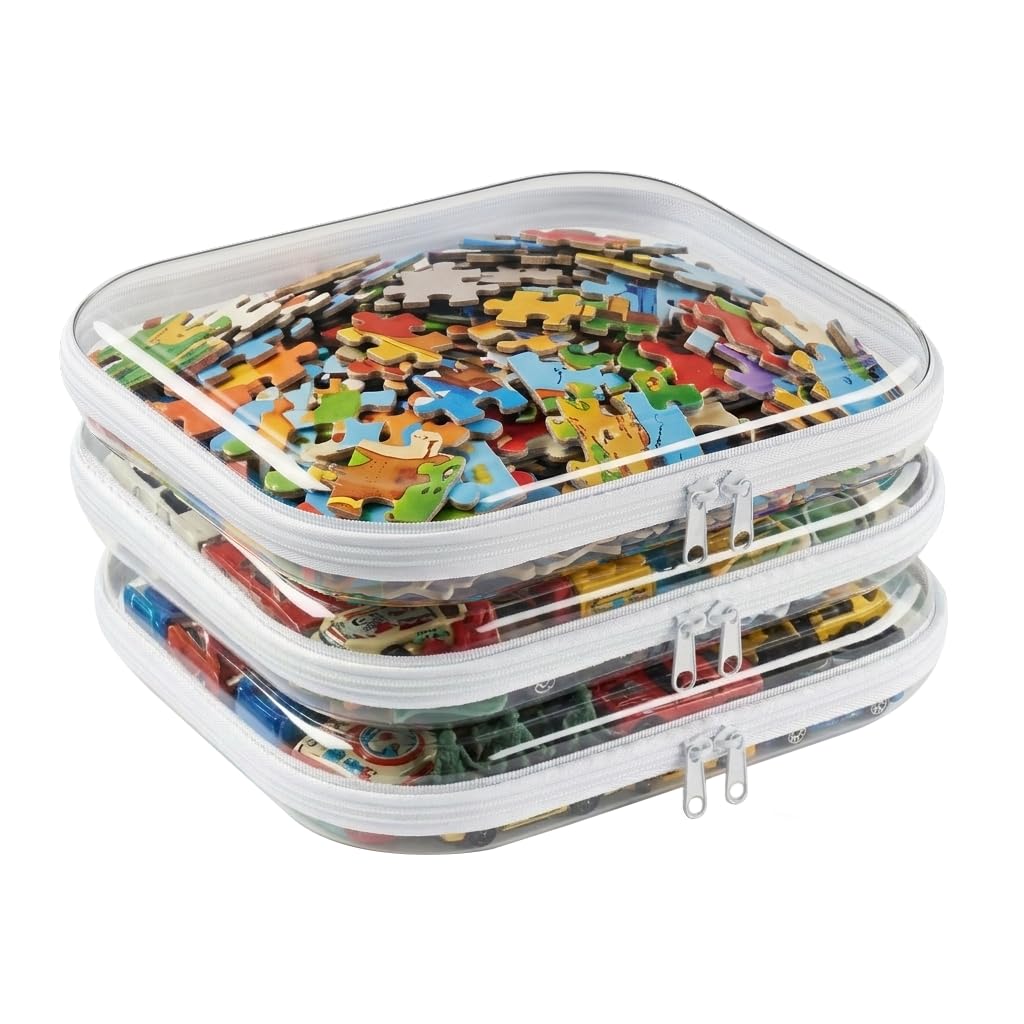 WELPIRT front view of three clear hard shell zipper cases showing stackability and protection