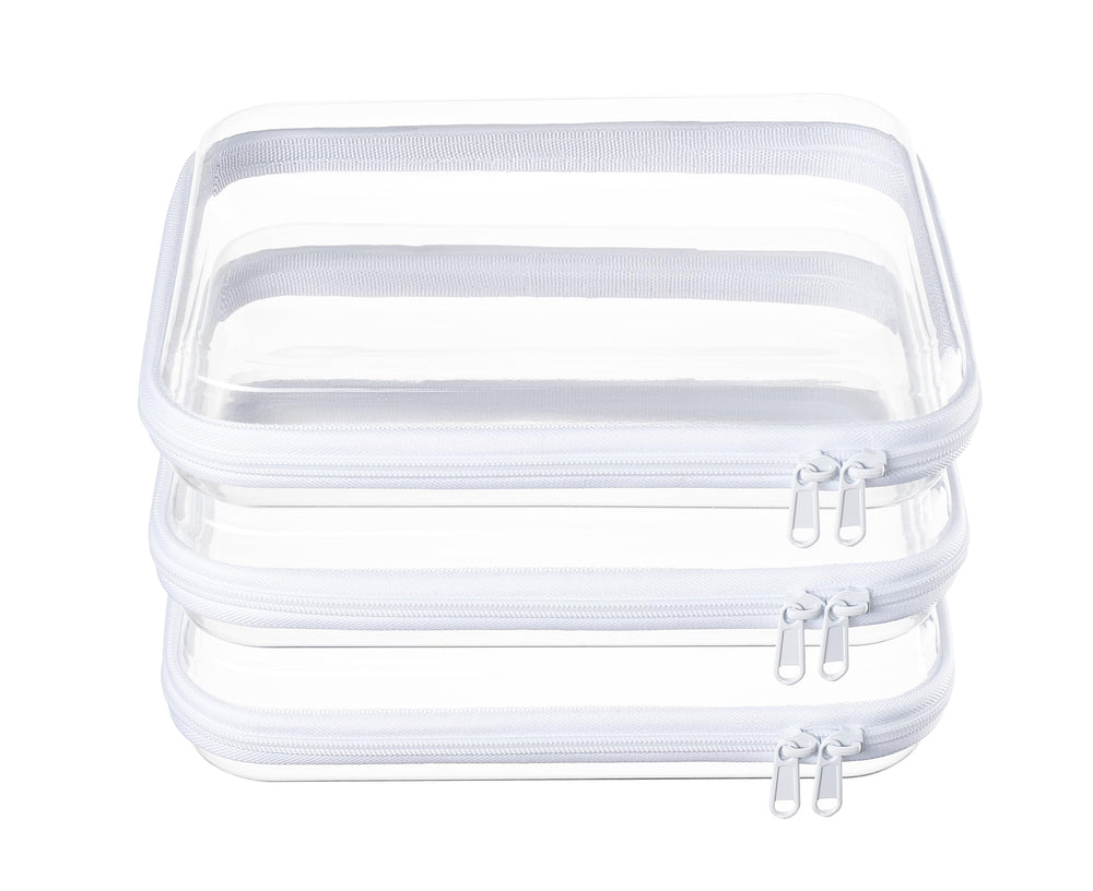 WELPIRT front view of three clear hard shell zipper pouches showing uniform size and visibility