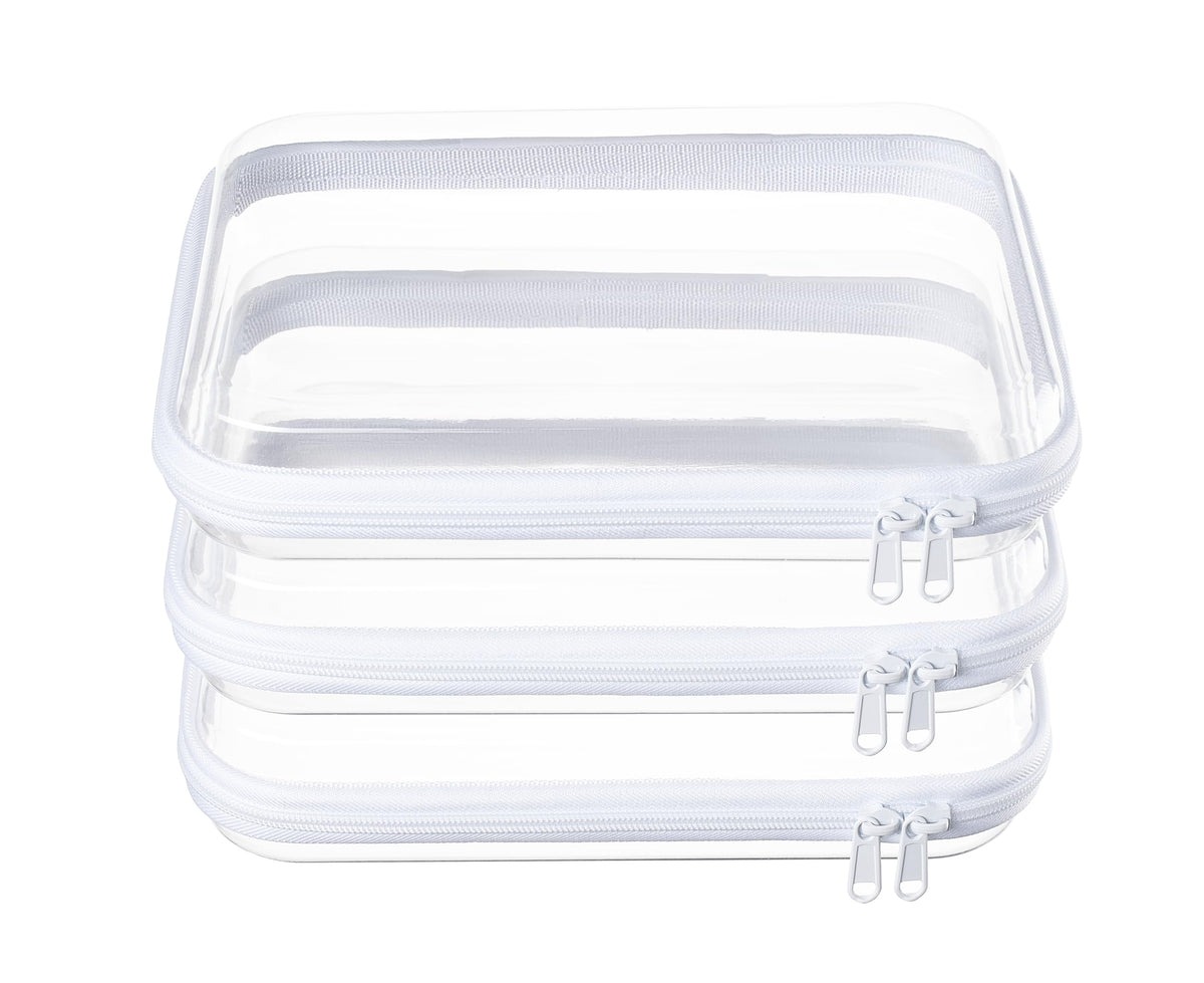 WELPIRT front view of three clear hard shell zipper pouches showing uniform size and visibility