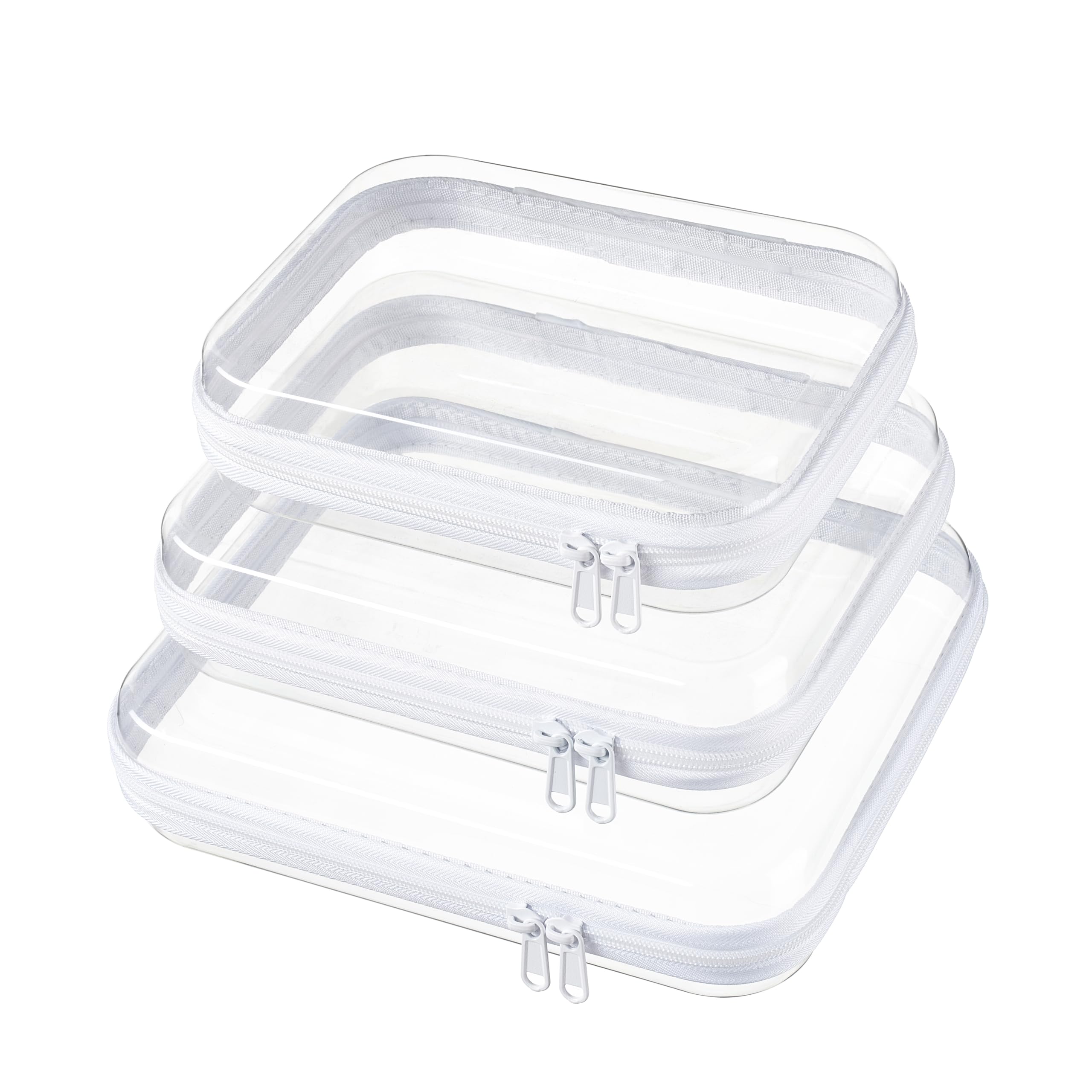 WELPIRT front view of three clear hard shell pouches showing visibility and organization