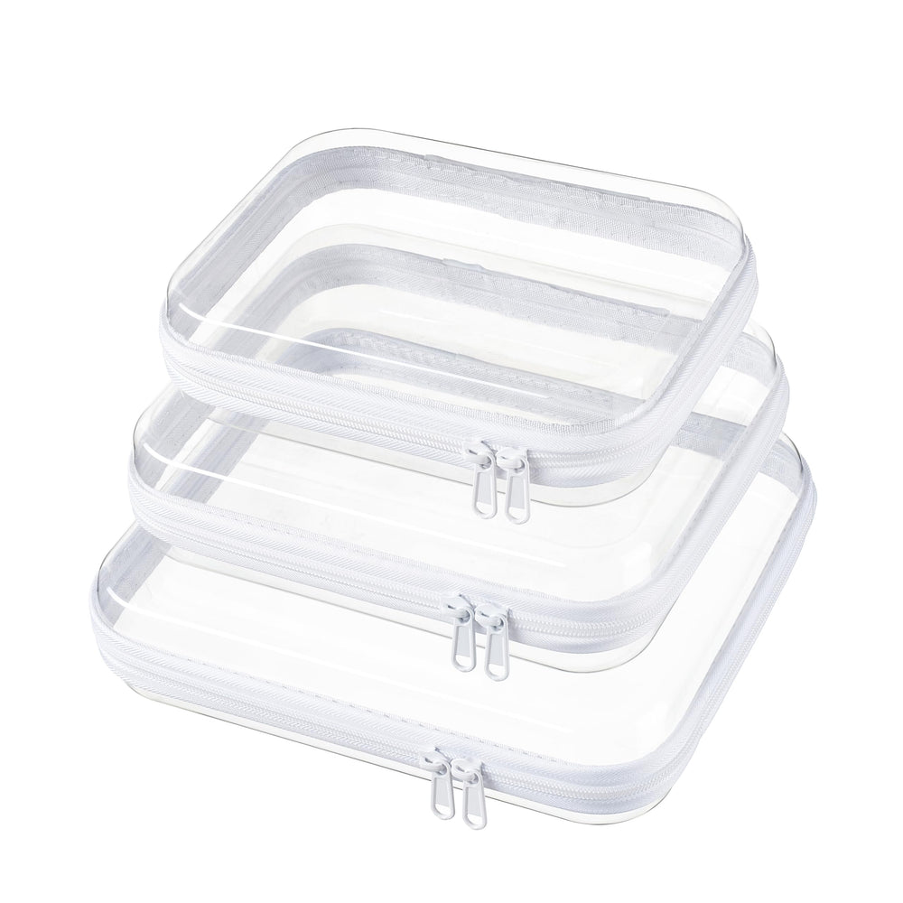 WELPIRT front view of three clear hard shell pouches showing visibility and organization