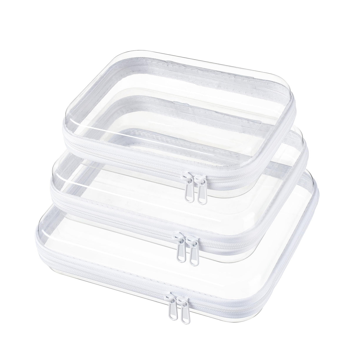 WELPIRT front view of three clear hard shell pouches showing visibility and organization