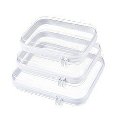 WELPIRT front view of three clear hard shell pouches showing visibility and organization