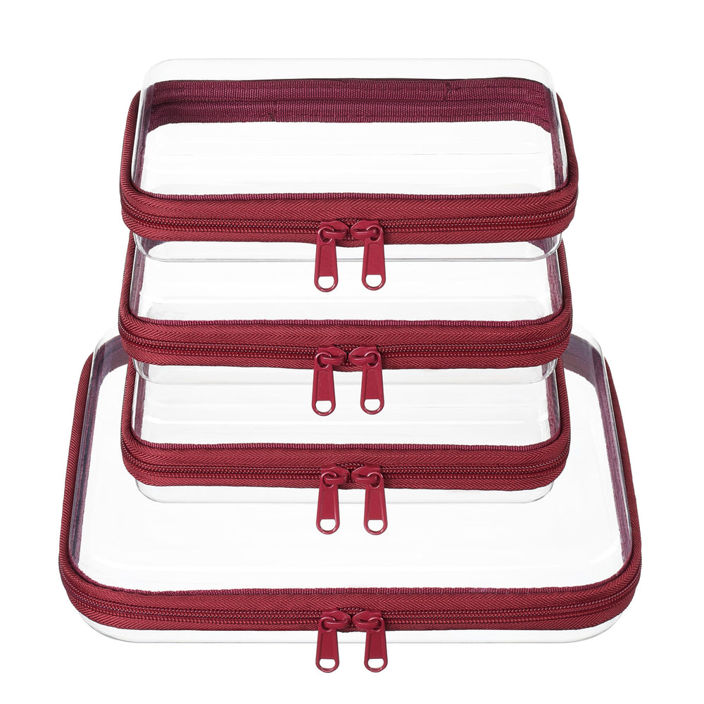 WELPIRT front view of medium and three small clear zipper pouches showing visibility benefit