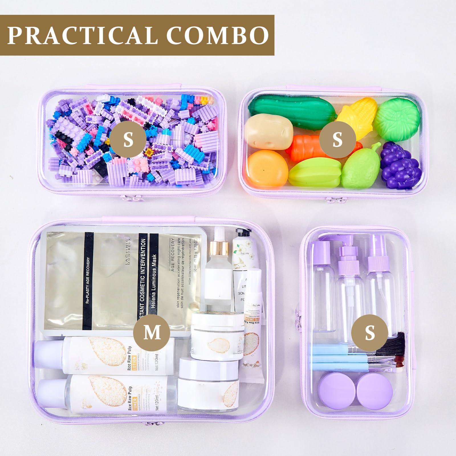 WELPIRT three small clear pouches arranged showing separation of daily essentials