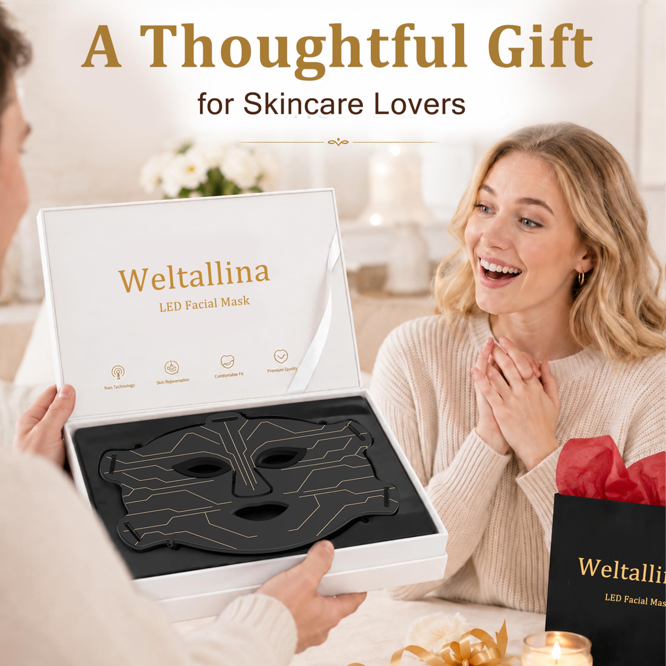 Weltallina lifestyle on sofa showing at-home facial routine for time-saving skincare