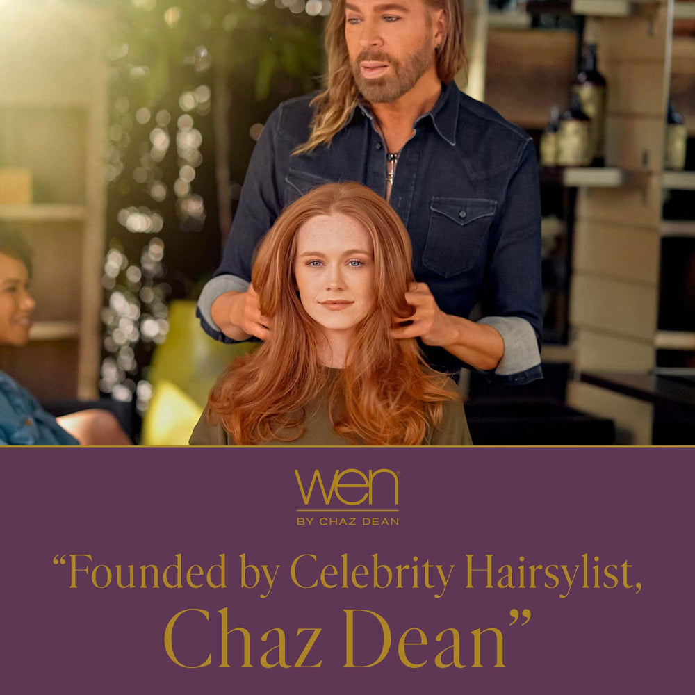 WEN by Chaz Dean bottle on bathroom shelf in lifestyle scene, conveys calming ritual