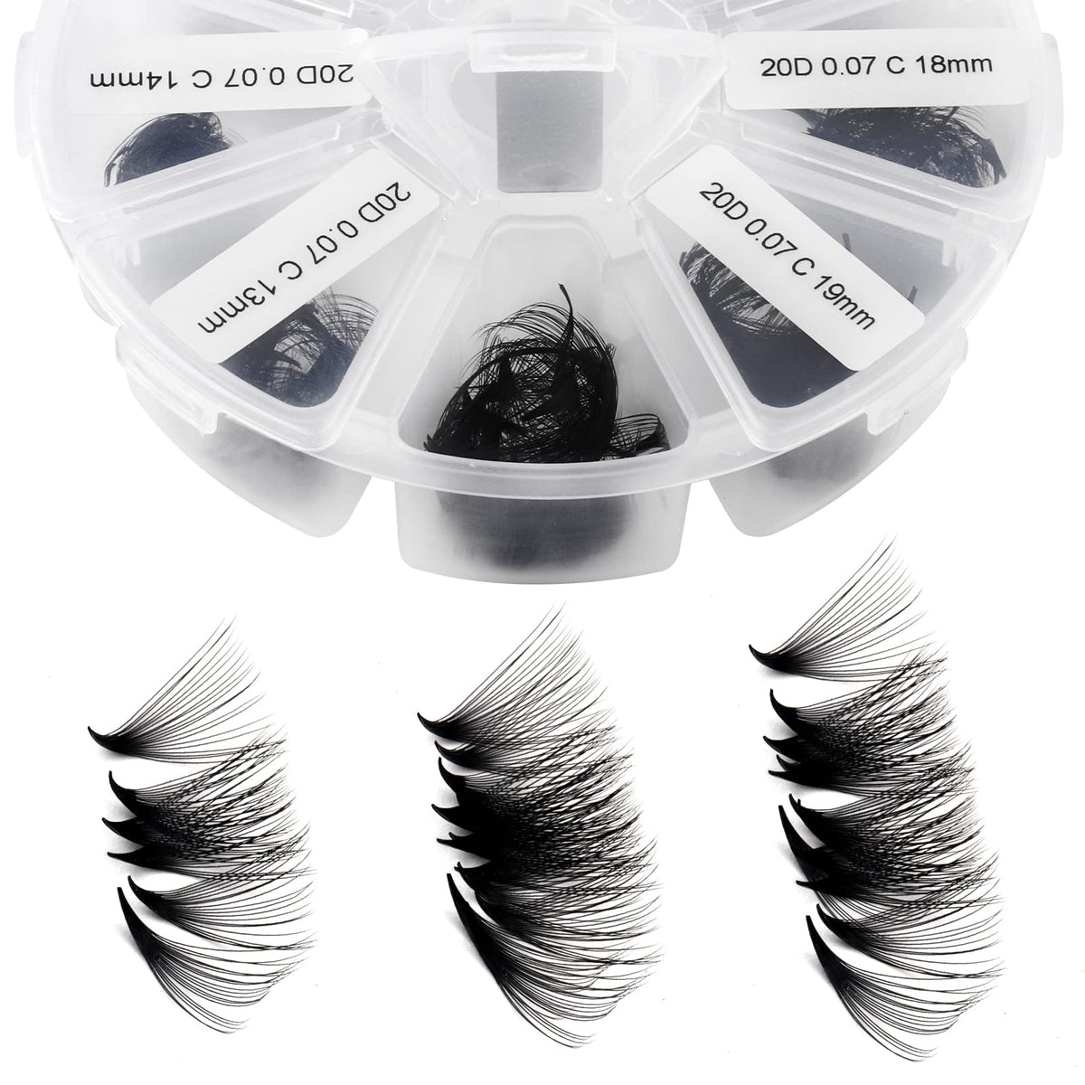 WENDY LASHES open tray showing mixed 9–16mm fans for quick selection