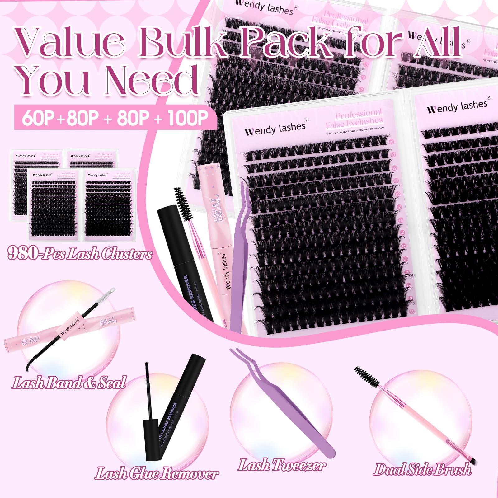 WENDY LASHES adhesive and remover bottles with mild formula benefits