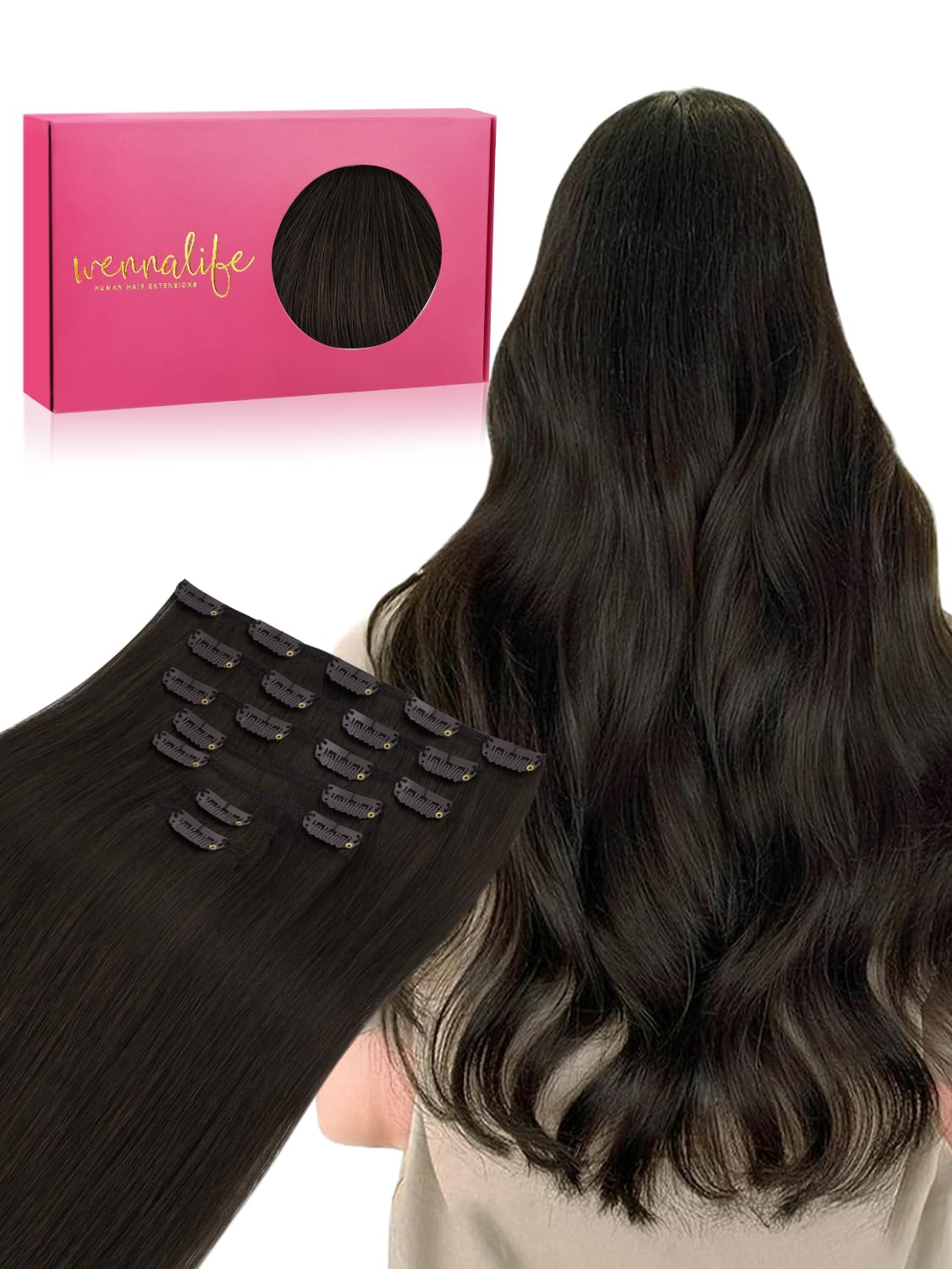 WENNALIFE front packaging showing 20-inch dark brown extensions and benefits