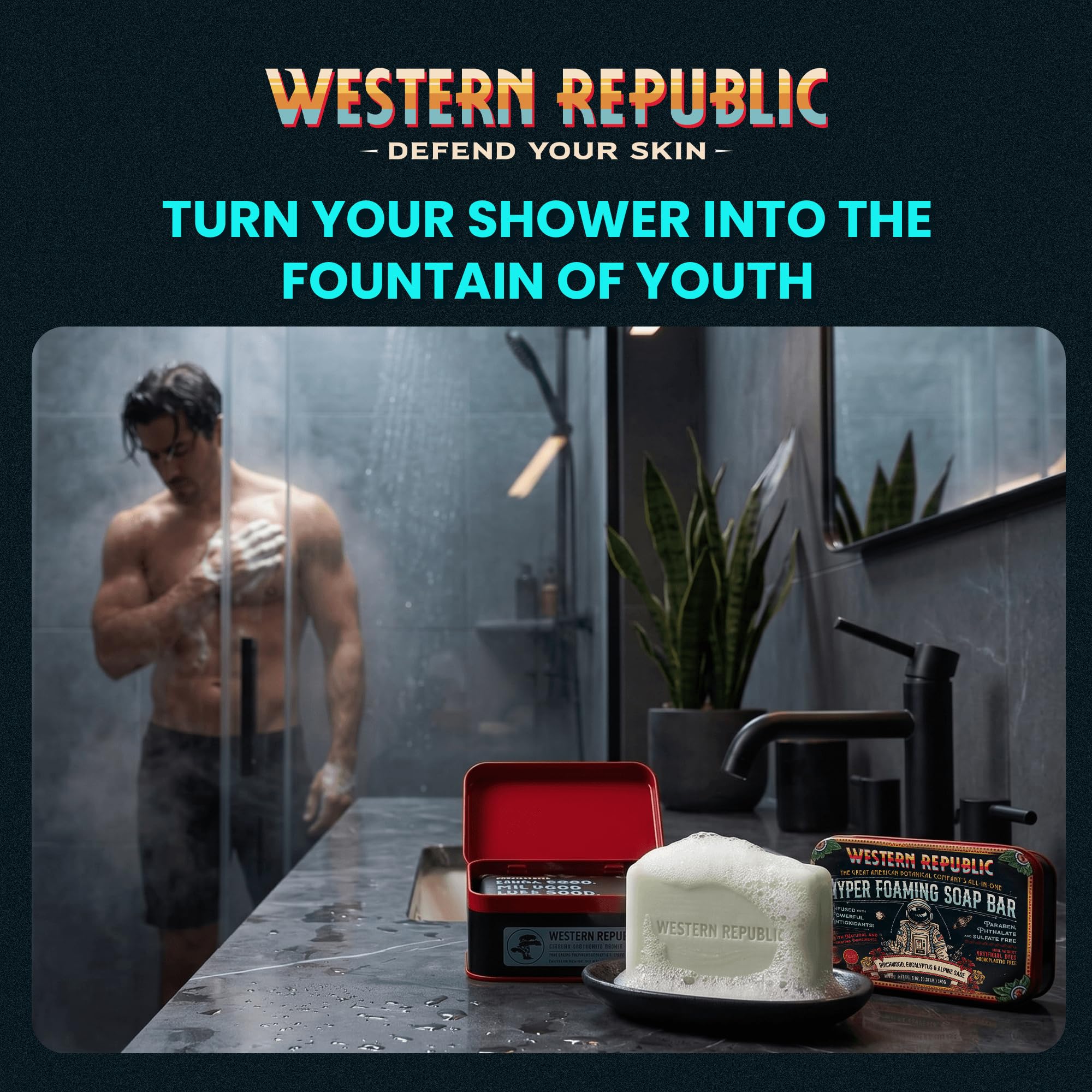 Western Republic soap bars staged on bathroom shelf conveying lifestyle freshness