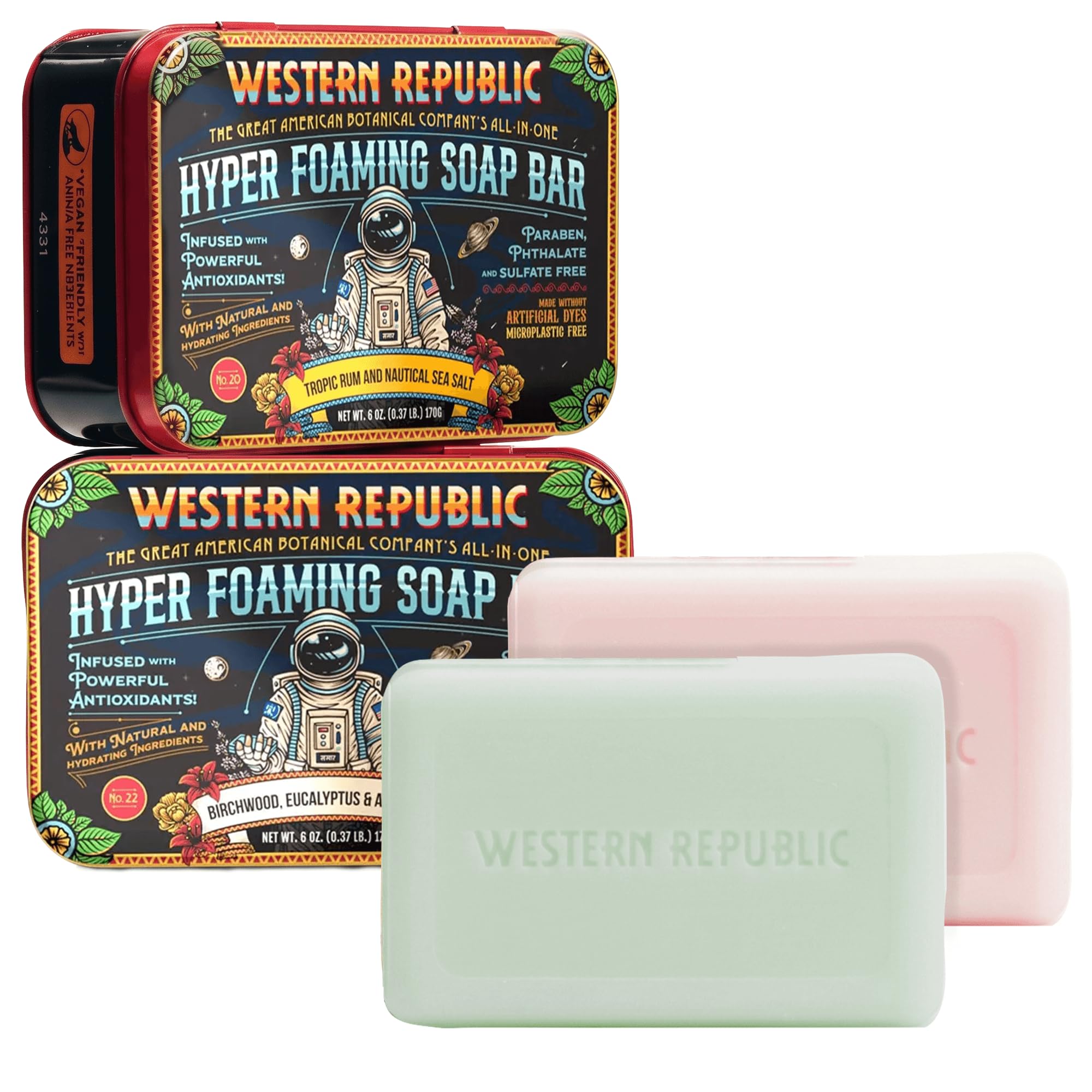 Western Republic front packaging showing two scented soap bars and benefits