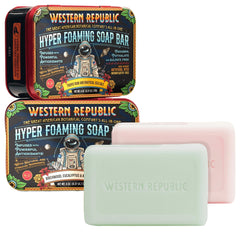 Western Republic front packaging showing two scented soap bars and benefits