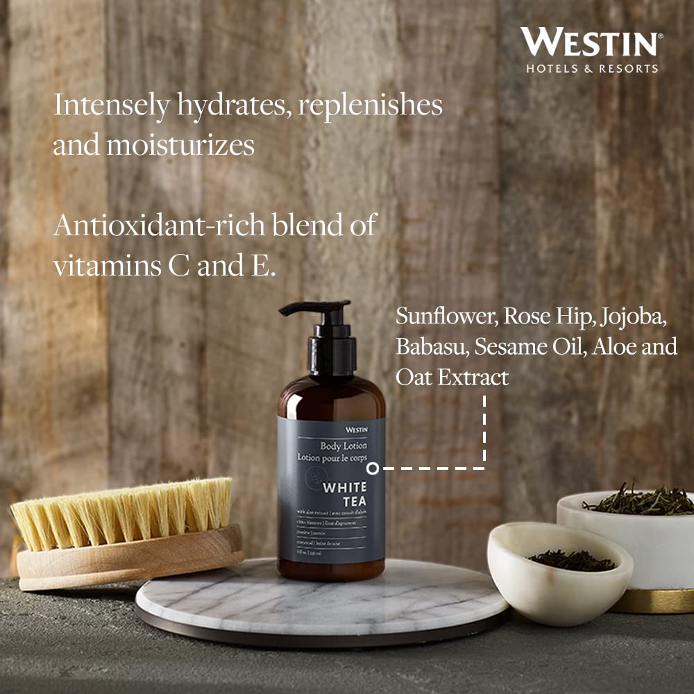 Westin white tea aloe bottle next to towel suggesting calming bathroom routine