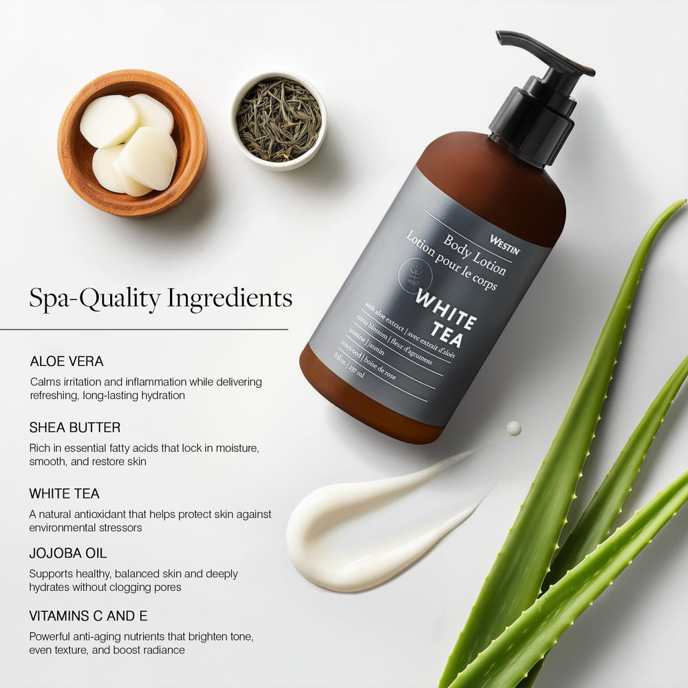 Westin white tea aloe texture close-up demonstrating fast-absorbing lotion