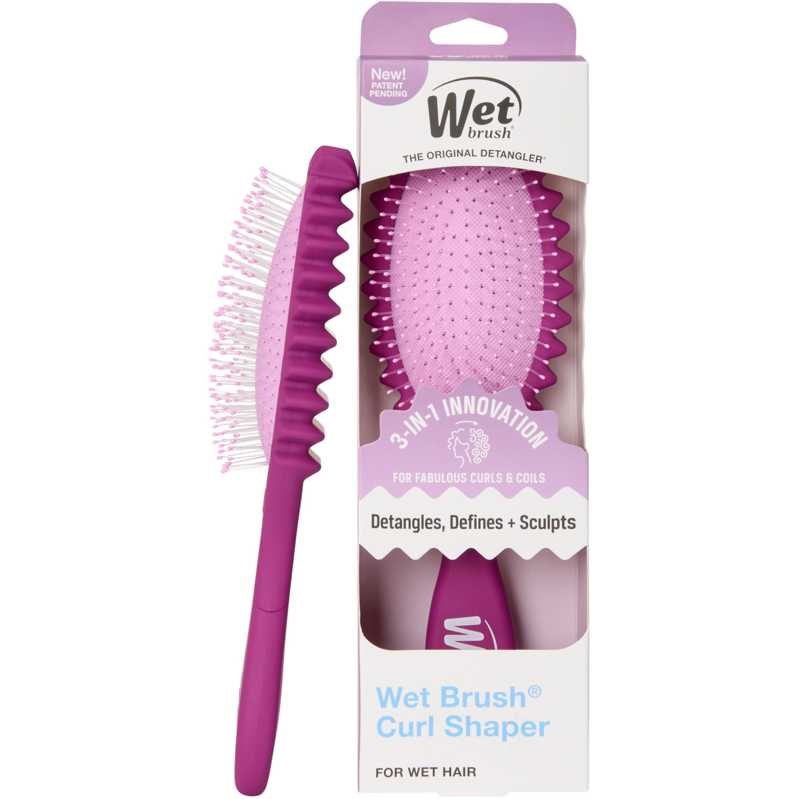 Wet Brush Curl Shaper front profile showing compact purple design and handle for easy grip