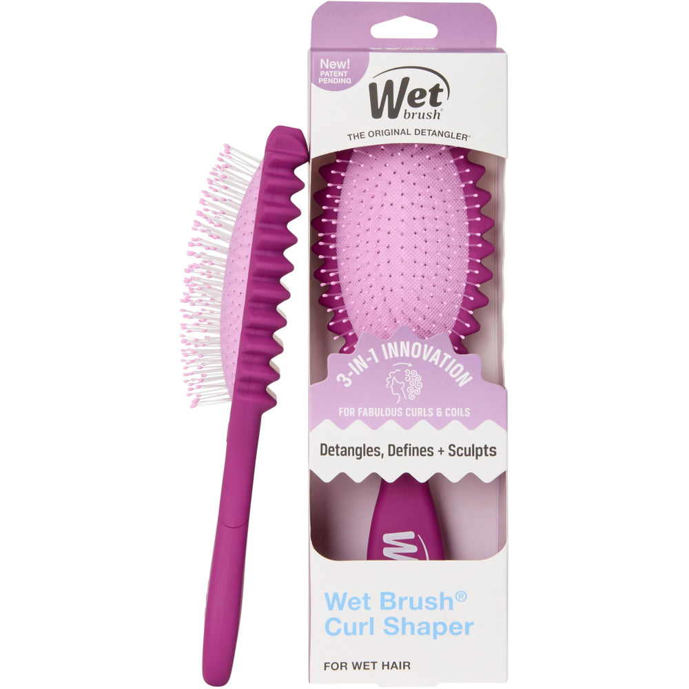 Wet Brush Curl Shaper front profile showing compact purple design and handle for easy grip