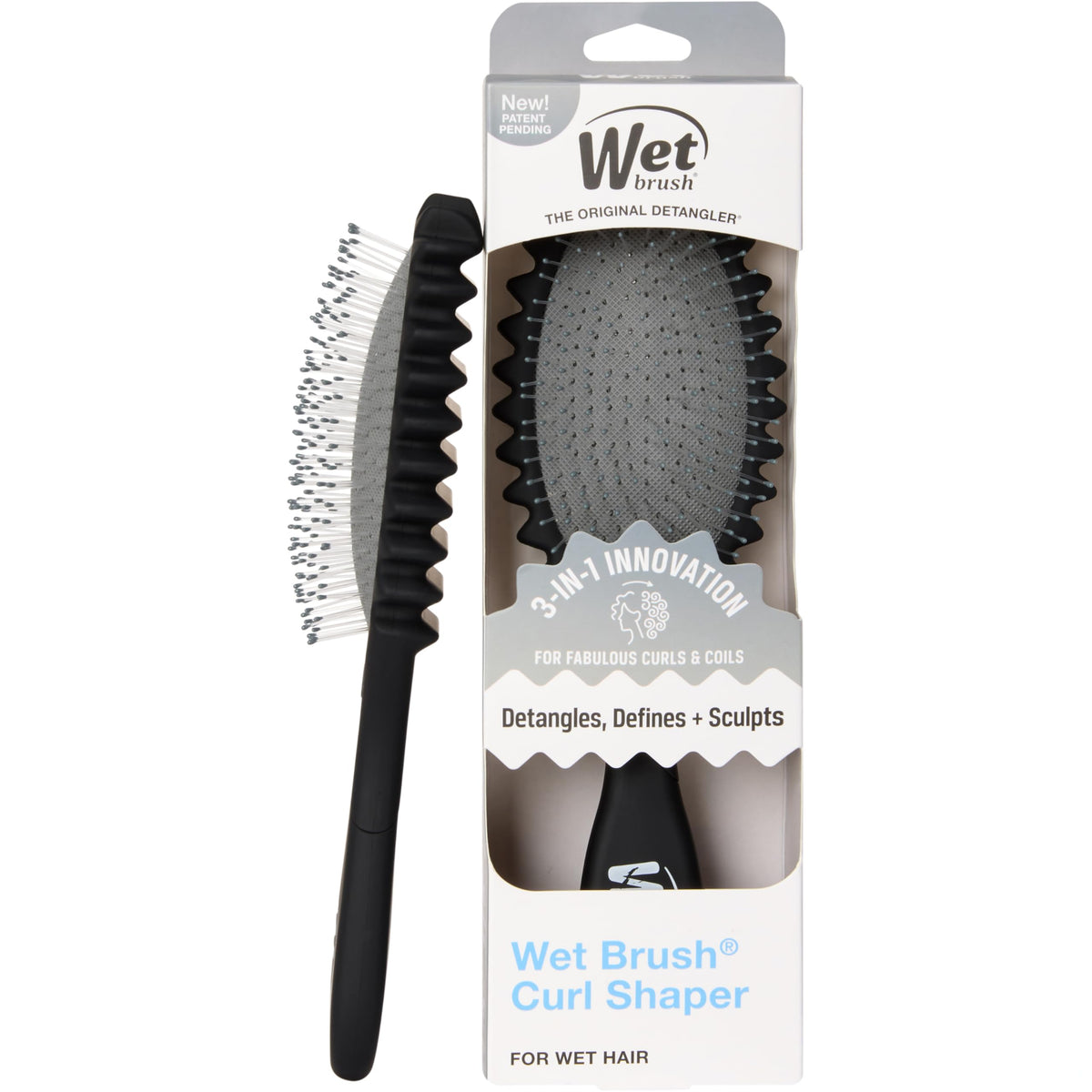 Wet Brush front view showing curl shaper and easy grip for travel