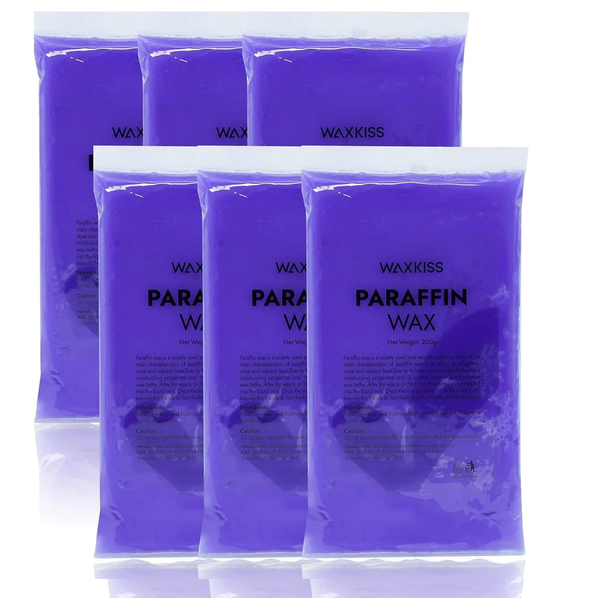 wewax front package showing six lavender paraffin blocks and benefits