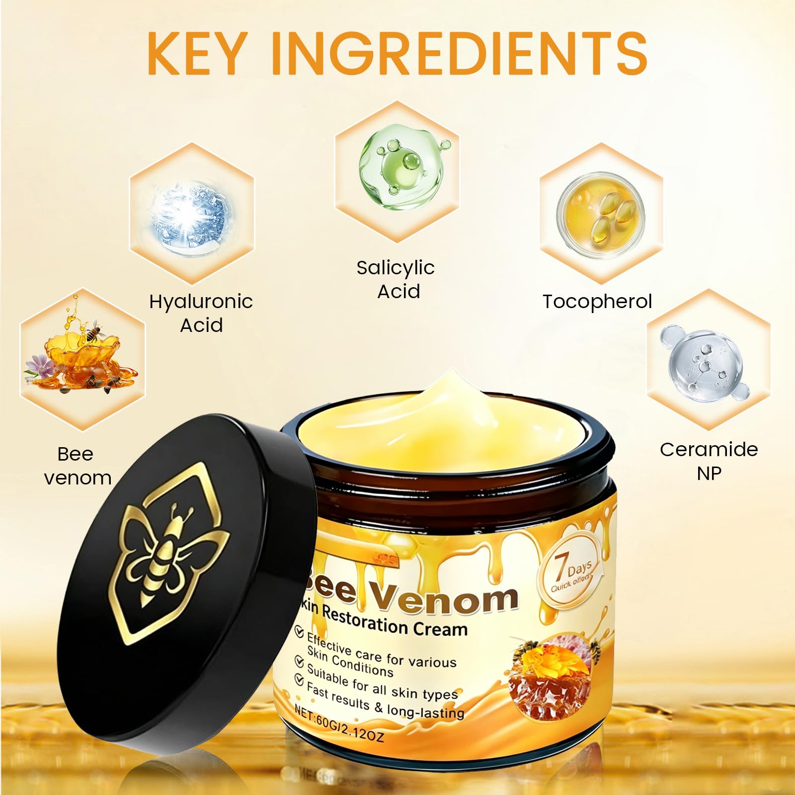 WFWJ ingredient label close-up highlighting bee venom and hyaluronic benefit