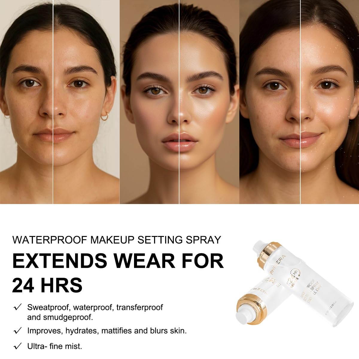 WFWJ PHOERA spray in use on model locking makeup for all-day wear