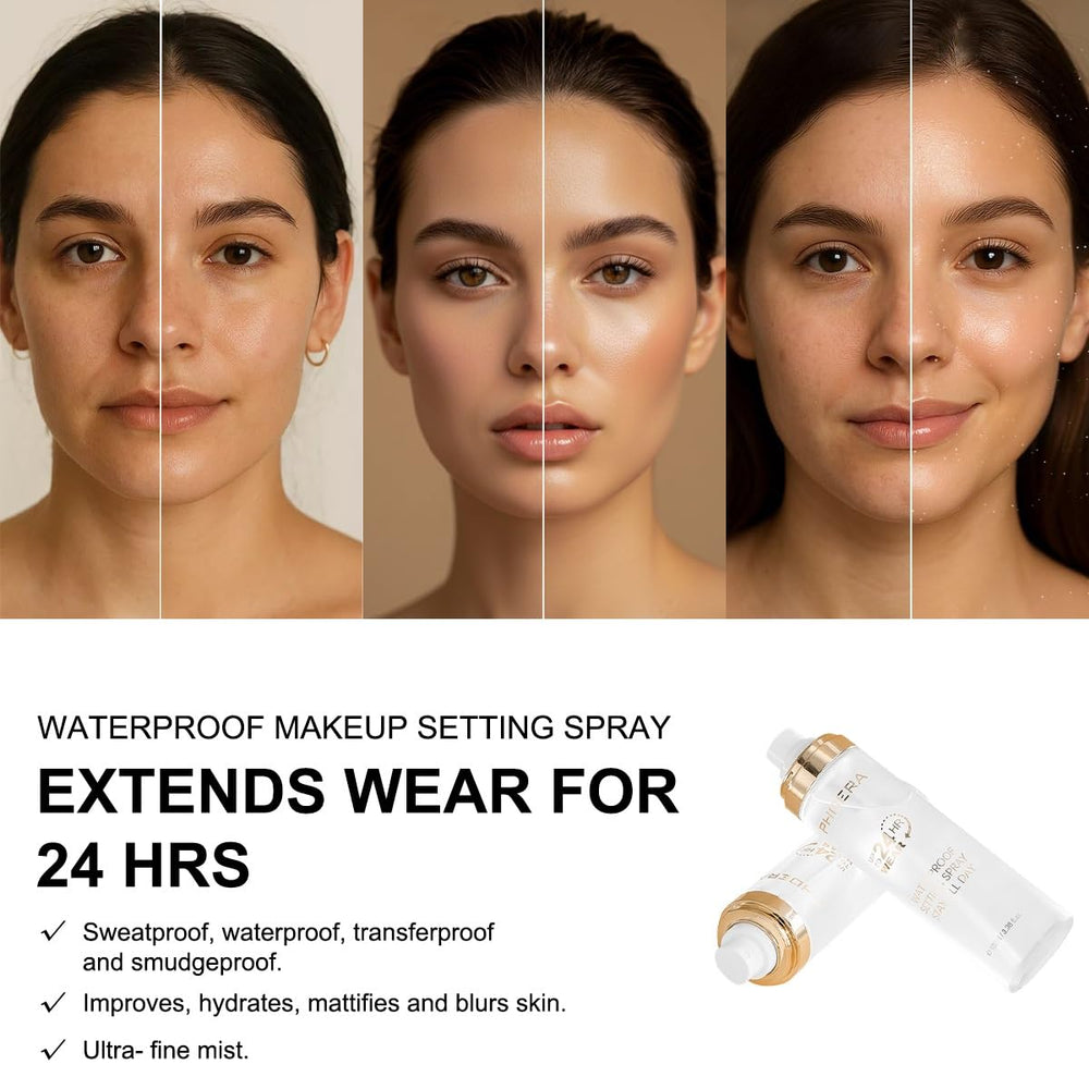 WFWJ PHOERA spray in use on model locking makeup for all-day wear