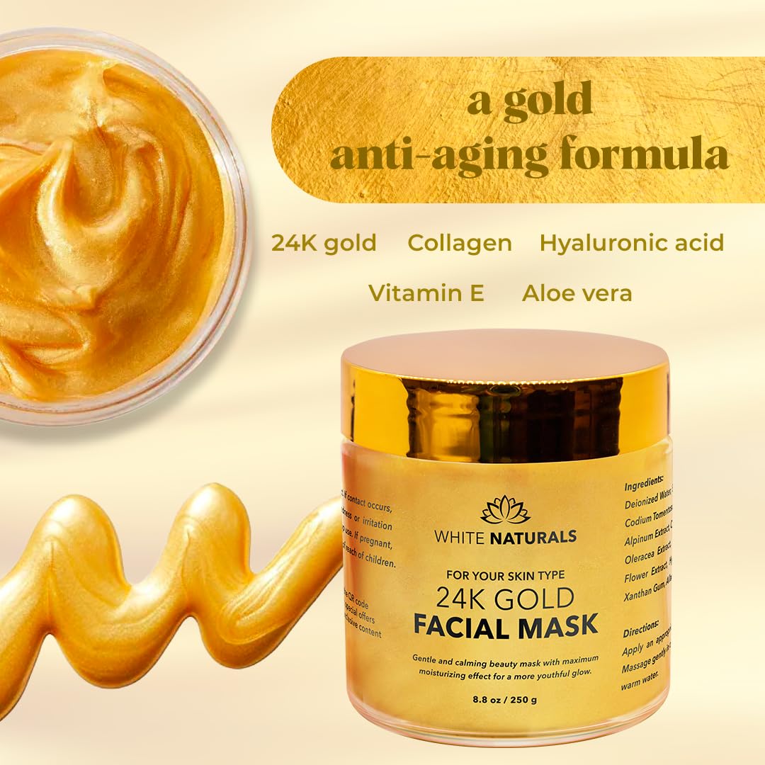 White Naturals texture close-up showing creamy gold mask for smooth skin