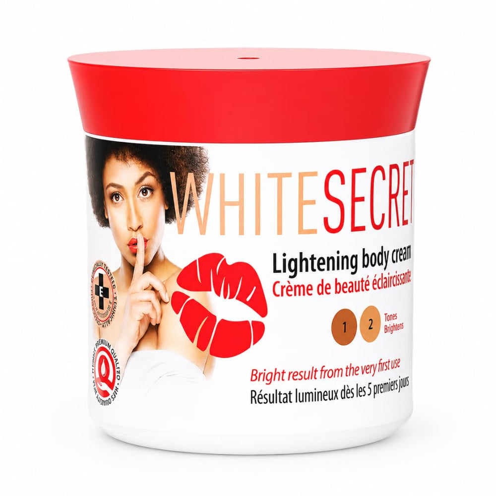 Generic White Secret front packaging showing jar and label benefits