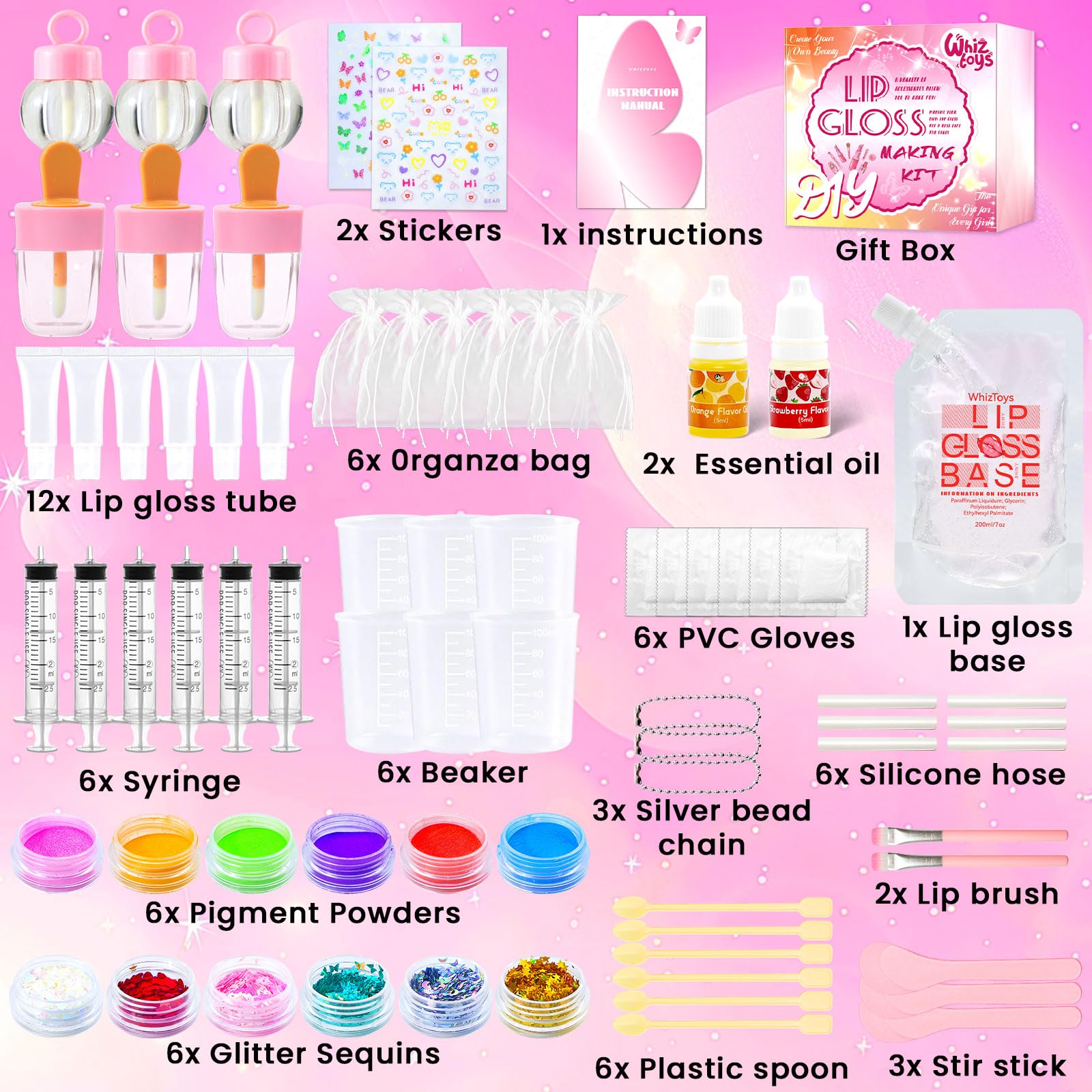 WhizToys clear lip gloss base and pigments arranged for mixing benefit easy customization
